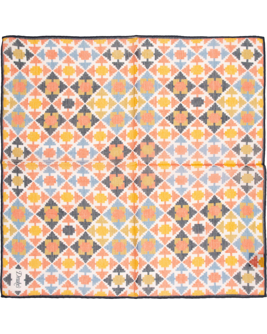 Herre | Drake's Cotton/Modal Morrocan Tile Pocket Square White | Drake's | Cotton/Modal Morrocan Tile Pocket Square White