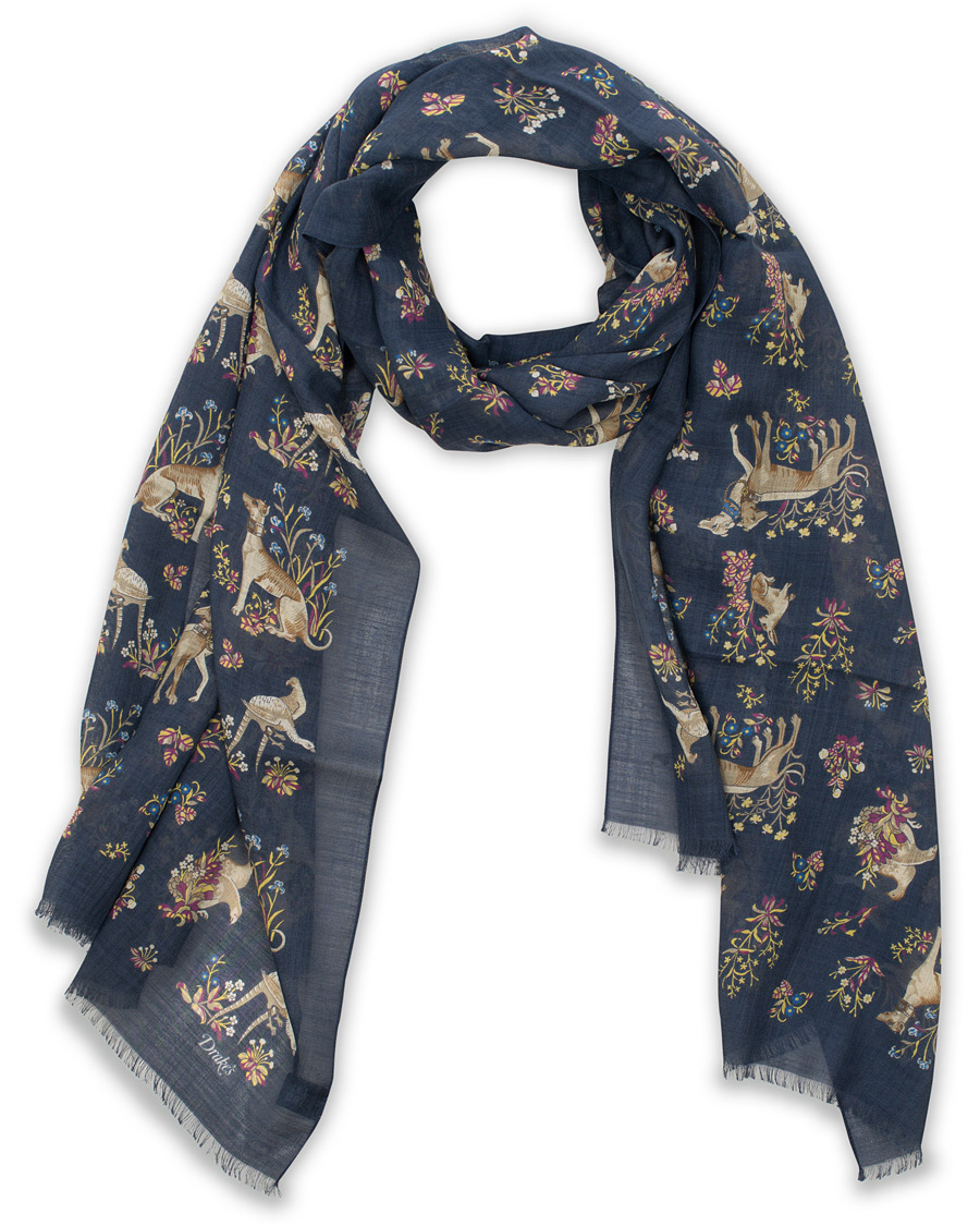 Herre | Drake's Wool/Silk Classic Dog Print Scarf Navy | Drake's | Wool/Silk Classic Dog Print Scarf Navy