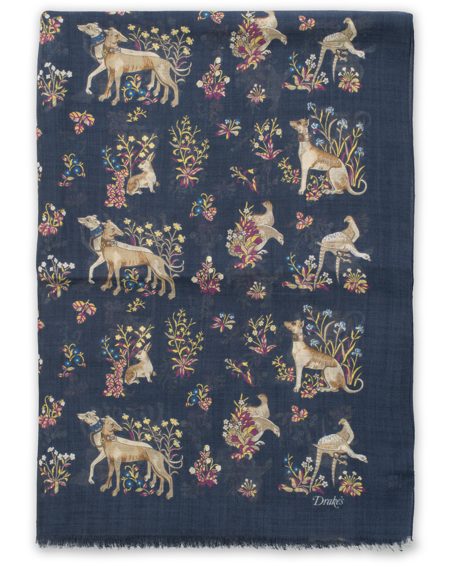 Herre | Drake's Wool/Silk Classic Dog Print Scarf Navy | Drake's | Wool/Silk Classic Dog Print Scarf Navy