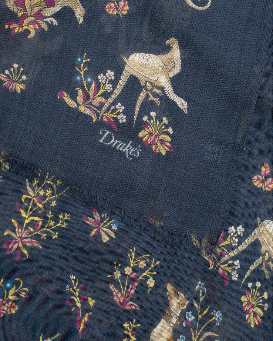 Herre | Drake's Wool/Silk Classic Dog Print Scarf Navy | Drake's | Wool/Silk Classic Dog Print Scarf Navy