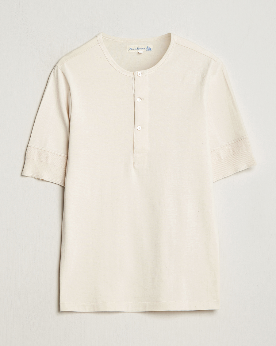 Herre | T-Shirts | Merz b. Schwanen | Short Sleeve Organic Cotton Henley Nature