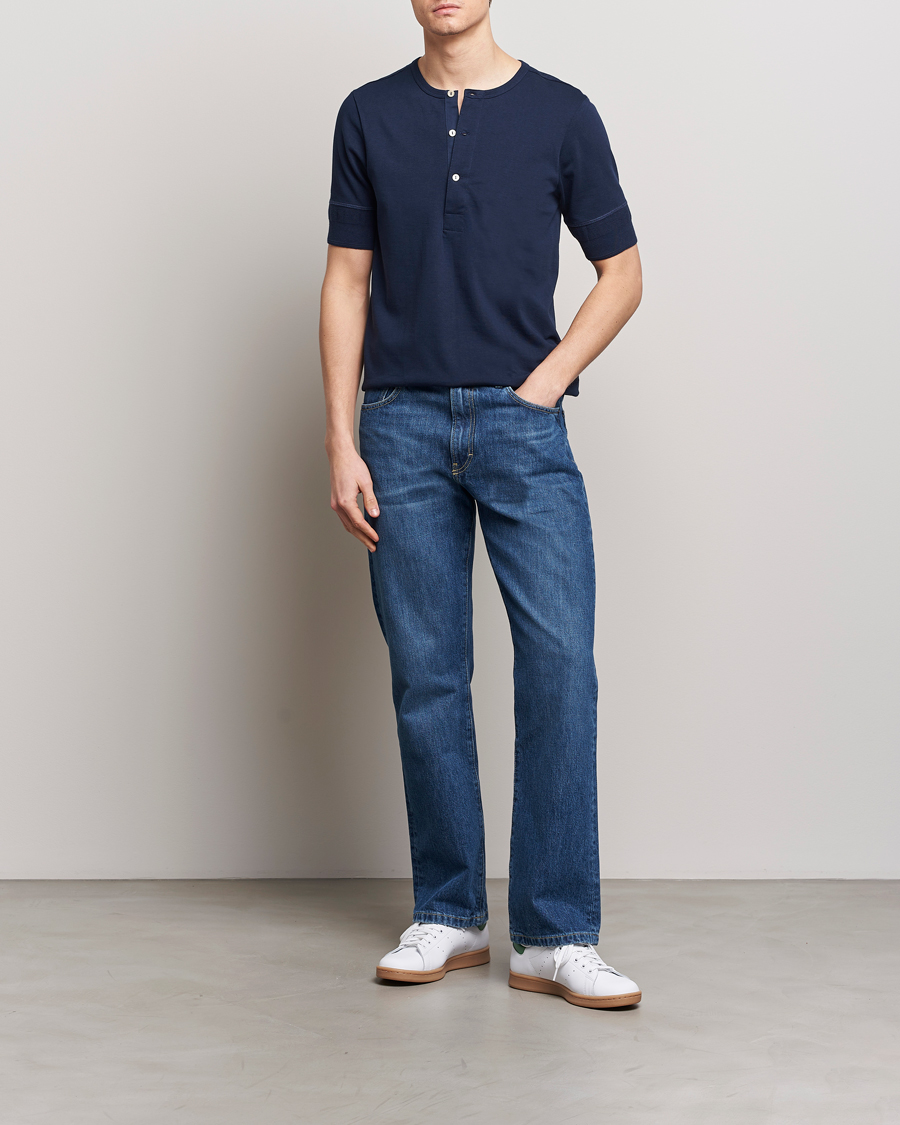 Herre | Gensere | Merz b. Schwanen | Short Sleeve Organic Cotton Henley Ink Blue