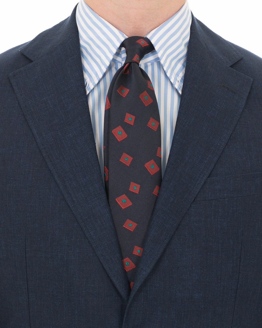 Herre | Berg&Berg Handrolled Seven Fold Jacquard Silk 8 cm Tie Navy/Red | Berg&Berg | Handrolled Seven Fold Jacquard Silk 8 cm Tie Navy/Red
