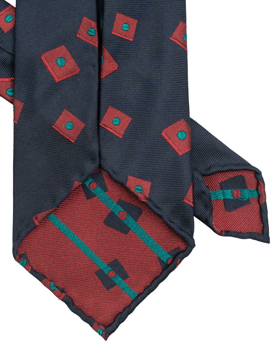 Herre | | Berg&Berg | Handrolled Seven Fold Jacquard Silk 8 cm Tie Navy/Red