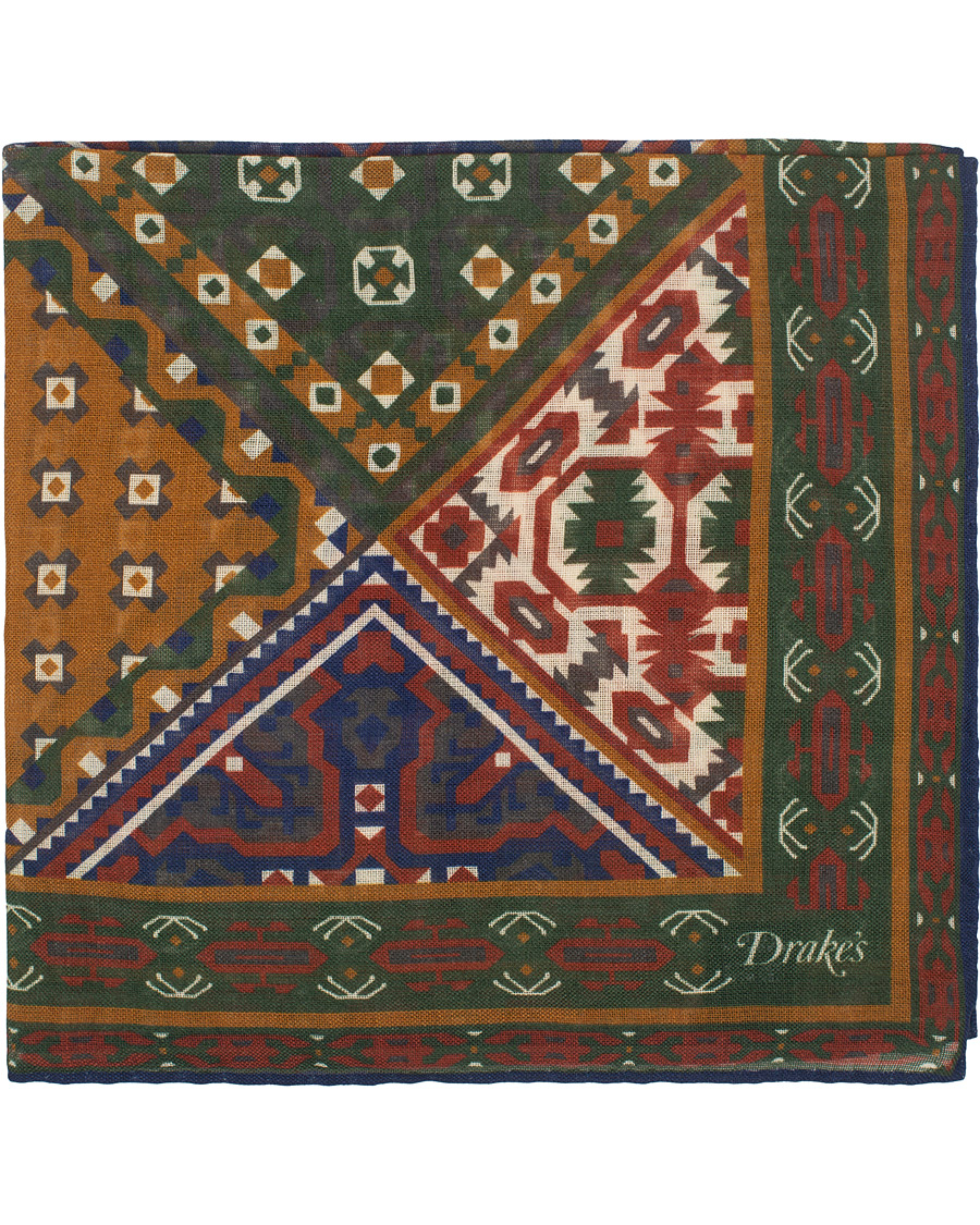 Herre | Drake's Wool/Silk Prited Pocket Square Green | Drake's | Wool/Silk Prited Pocket Square Green