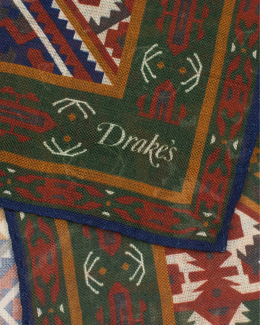 Herre | Drake's Wool/Silk Prited Pocket Square Green | Drake's | Wool/Silk Prited Pocket Square Green
