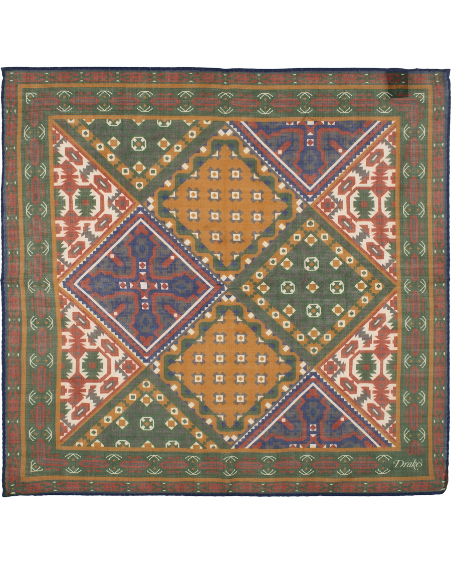 Herre | Drake's Wool/Silk Prited Pocket Square Green | Drake's | Wool/Silk Prited Pocket Square Green