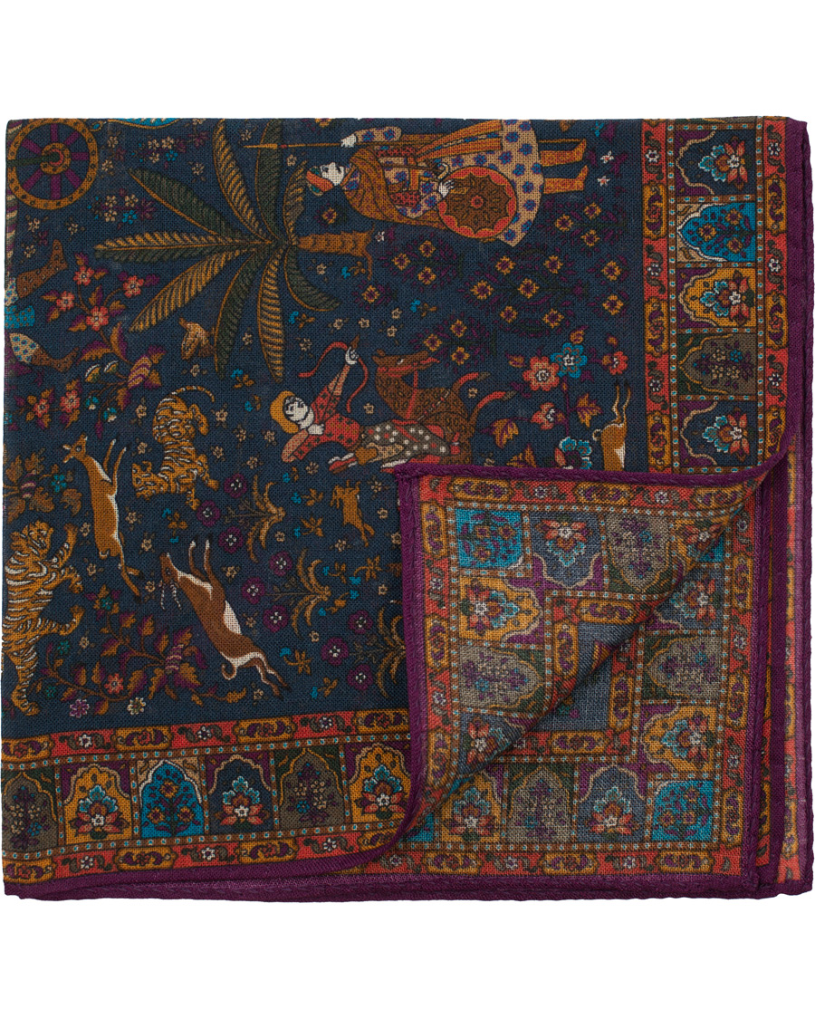 Herre | Drake's Wool/Silk Printed Hunter Pocket Square Blue | Drake's | Wool/Silk Printed Hunter Pocket Square Blue