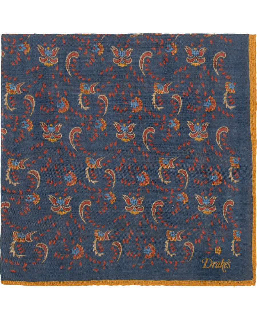 Herre | Drake's Wool/Silk Printed Flower Pocket Square Blue | Drake's | Wool/Silk Printed Flower Pocket Square Blue
