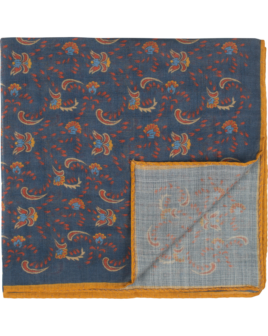Herre | Drake's Wool/Silk Printed Flower Pocket Square Blue | Drake's | Wool/Silk Printed Flower Pocket Square Blue