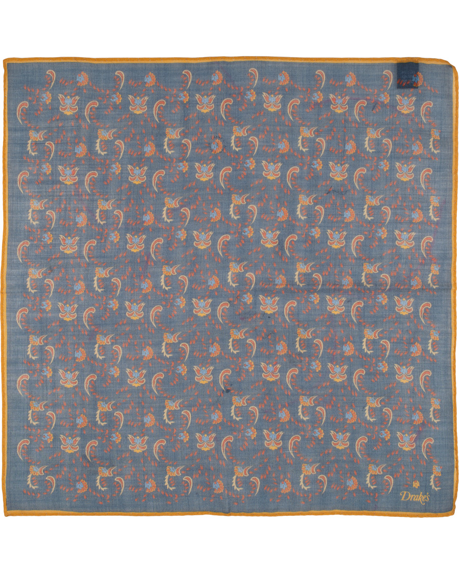Herre | Drake's Wool/Silk Printed Flower Pocket Square Blue | Drake's | Wool/Silk Printed Flower Pocket Square Blue