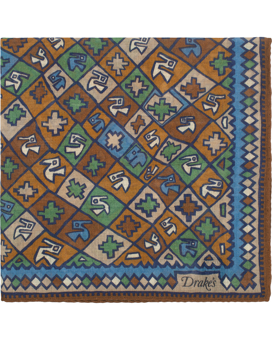 Herre | Drake's Wool/Silk Printed Boxes Pocket Square Beige | Drake's | Wool/Silk Printed Boxes Pocket Square Beige
