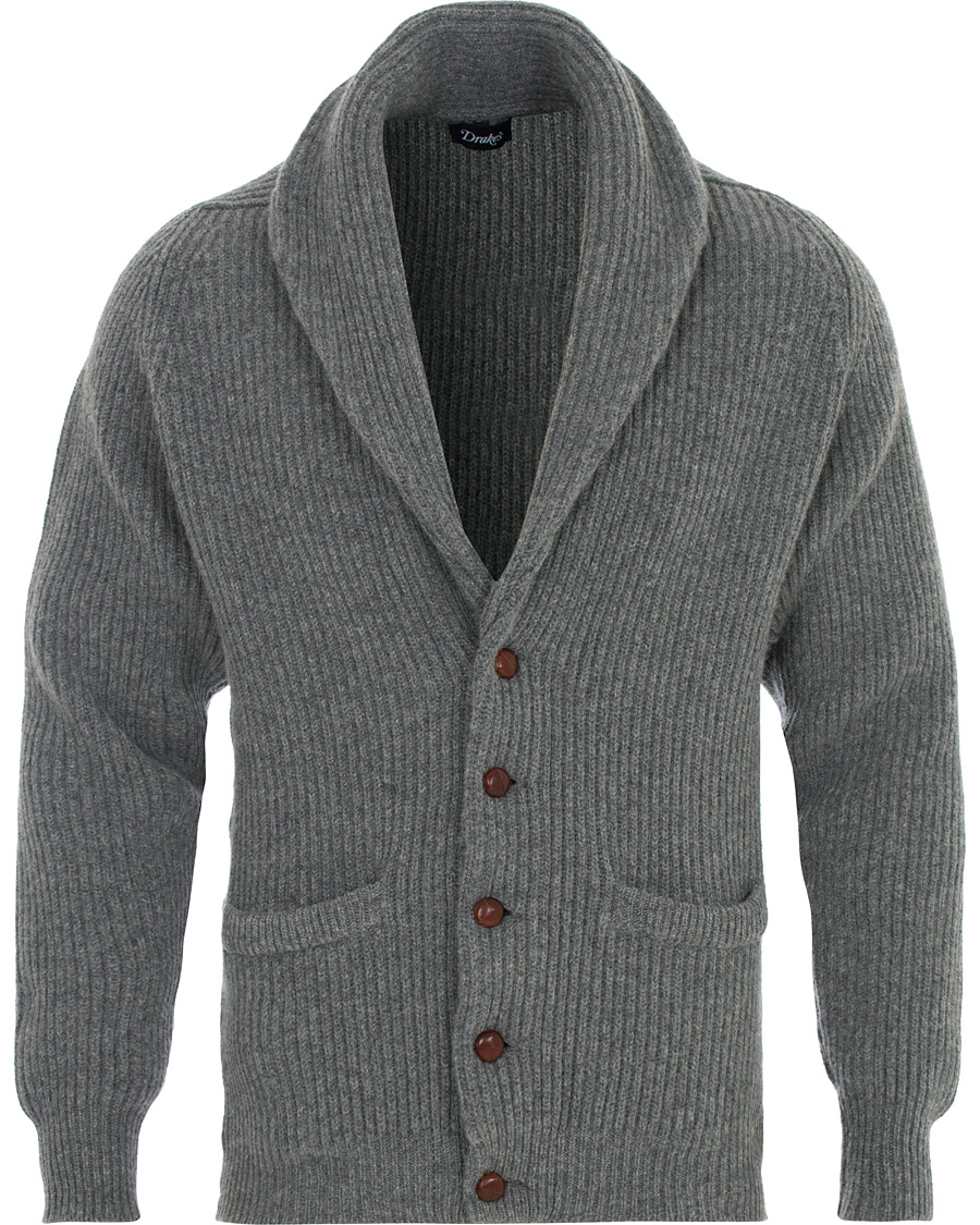 Herre | Gensere | Drake's | Lambswool Shawl Cardigan Grey