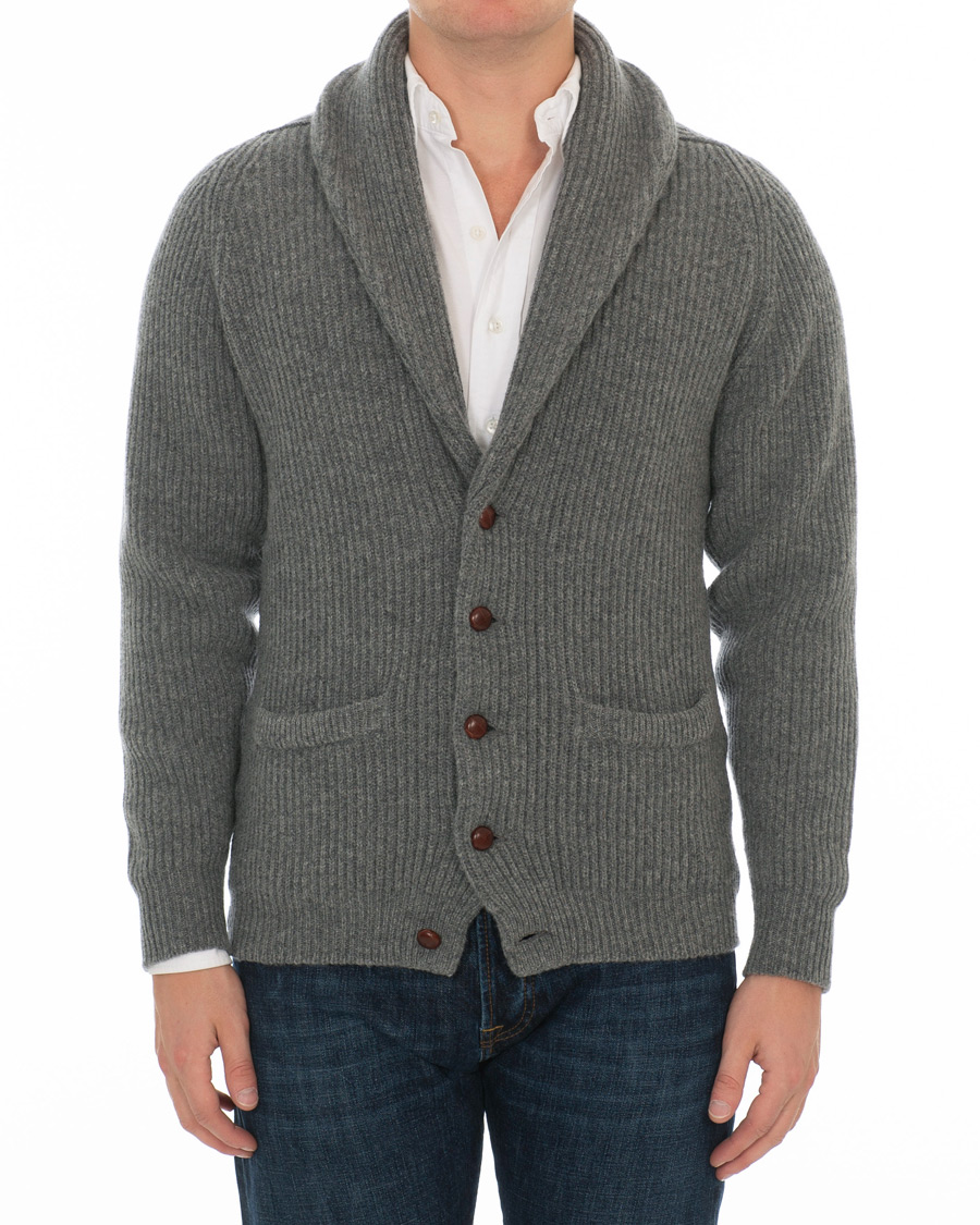 Herre | Gensere | Drake's | Lambswool Shawl Cardigan Grey