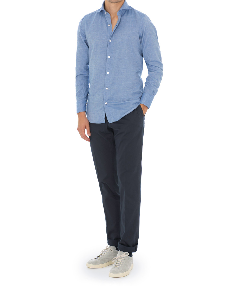 Herre | Skjorter | Finamore Napoli | Tokyo Slim Fit Flannel Shirt Light Blue