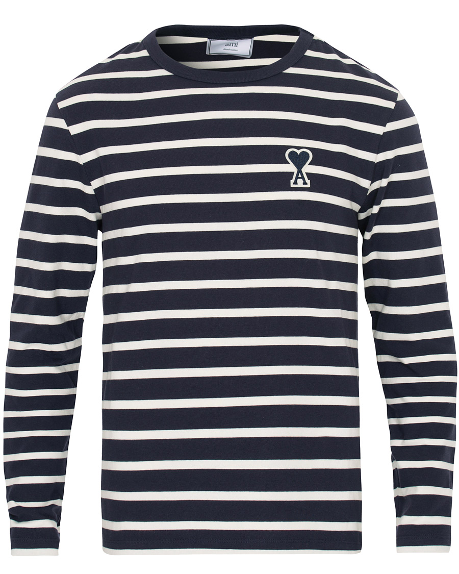 Herre | T-Shirts | AMI | Striped Long Sleeve Tee Ecru/Marine