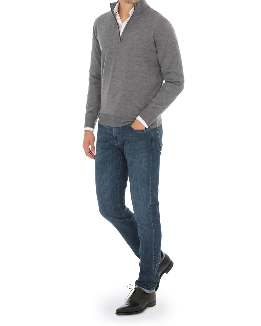 Herre | Gensere | Canali | Merino Wool Half Zip Sweater Grey Melange