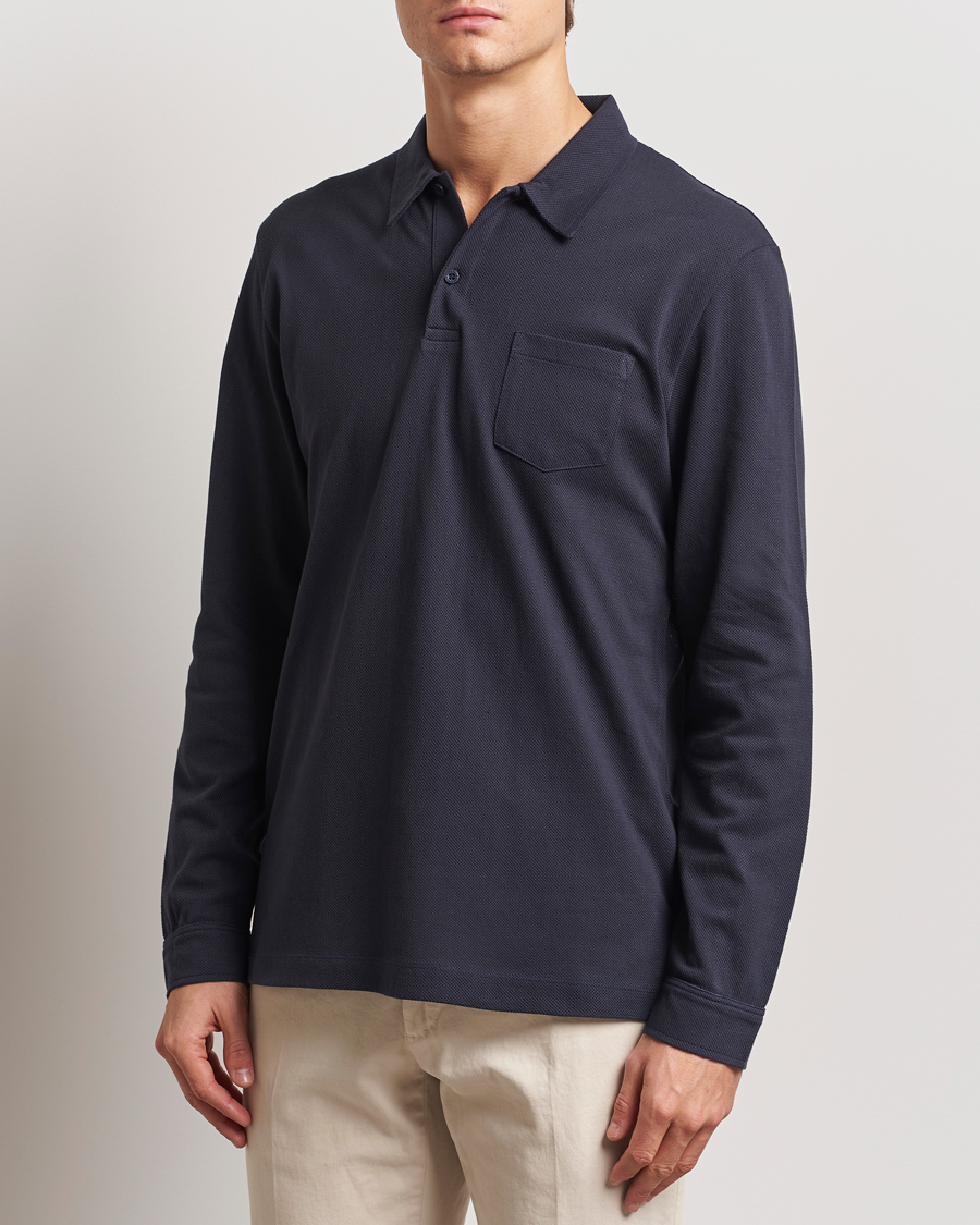 Herr | Långärmade pikéer | Sunspel | Riviera Long Sleve Polo Navy