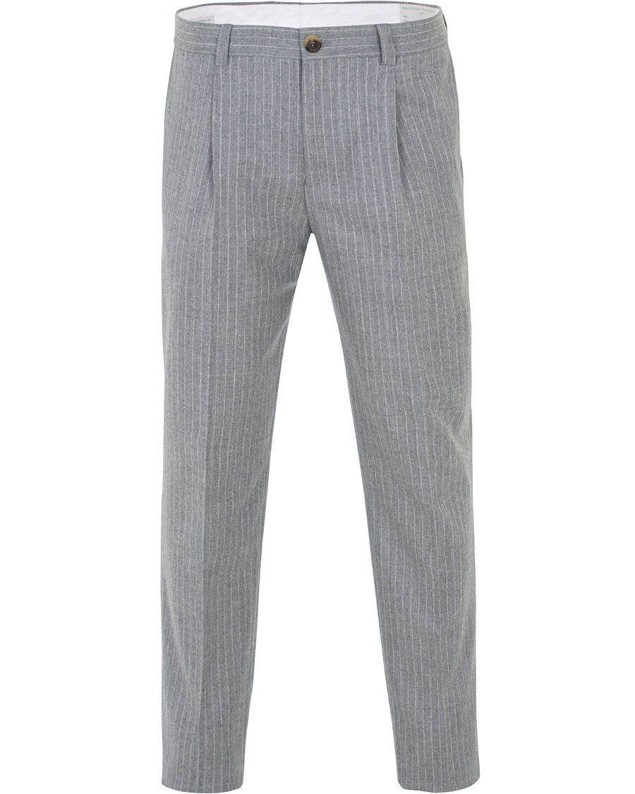 Herre | Bukser | Brunello Cucinelli | Slim Fit Pin Stripe Pleated Flannel Trousers Light Grey