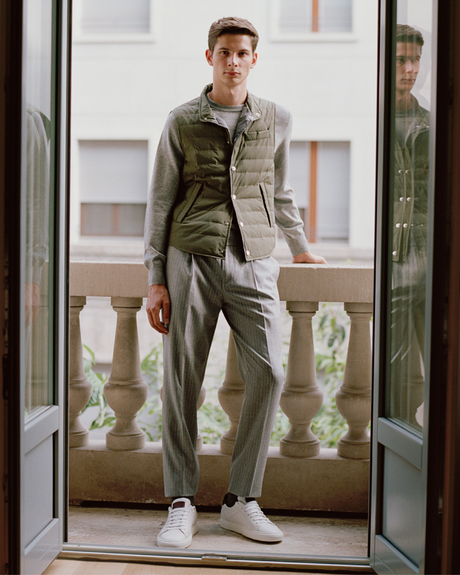 Herre | Bukser | Brunello Cucinelli | Slim Fit Pin Stripe Pleated Flannel Trousers Light Grey