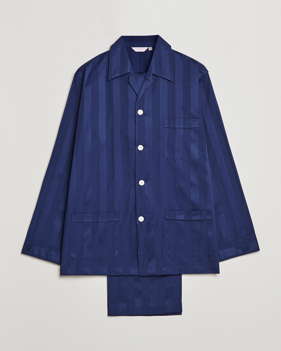 Herre | Pyjamaser og badekåper | Derek Rose | Striped Cotton Satin Pyjama Set Navy