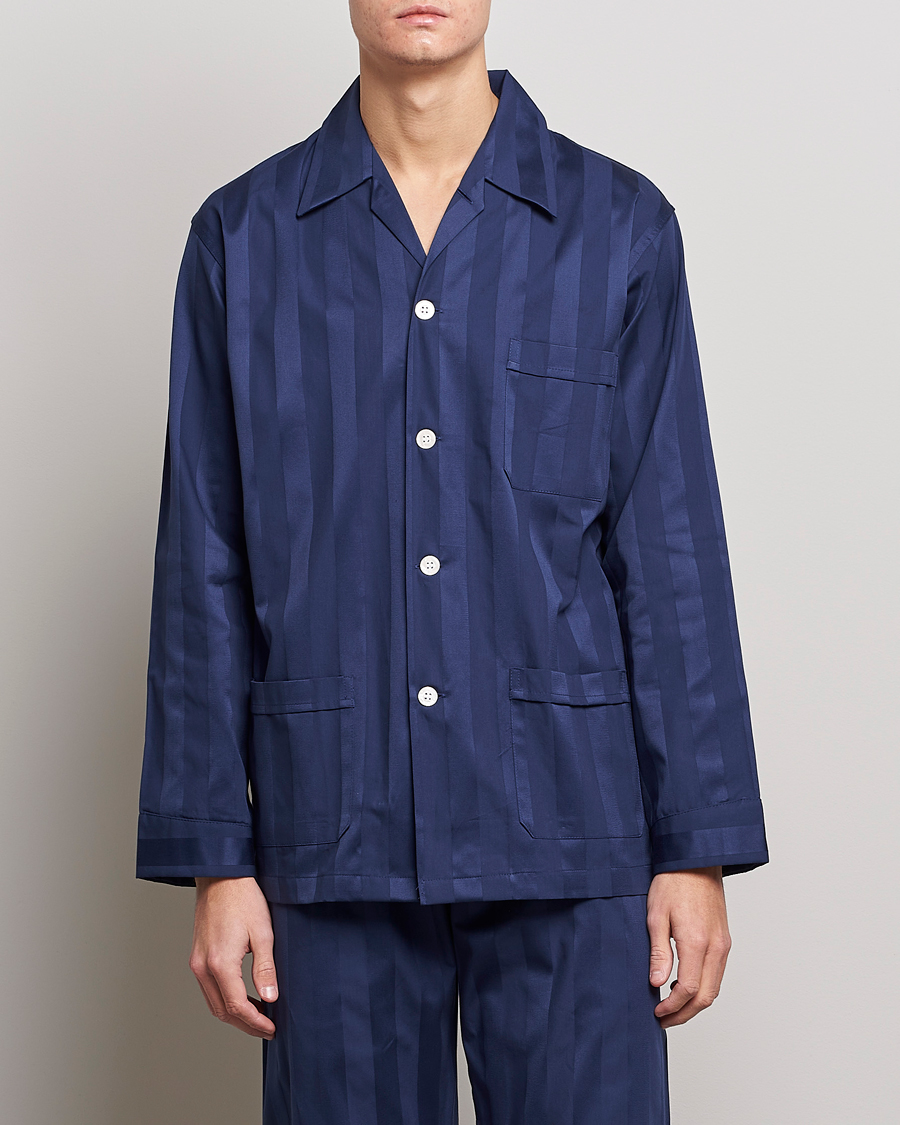 Herre |  | Derek Rose | Striped Cotton Satin Pyjama Set Navy