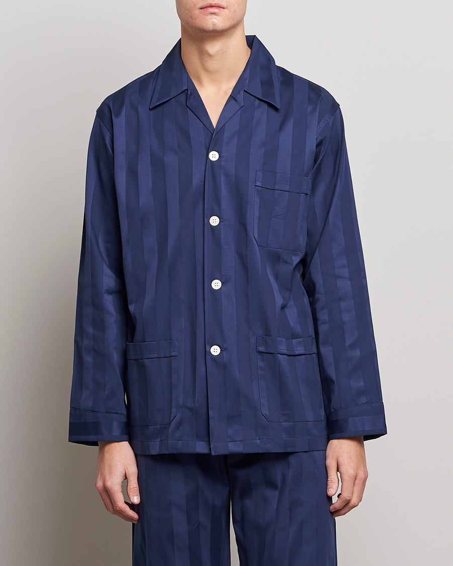 Herre | Loungewear | Derek Rose | Striped Cotton Satin Pyjama Set Navy