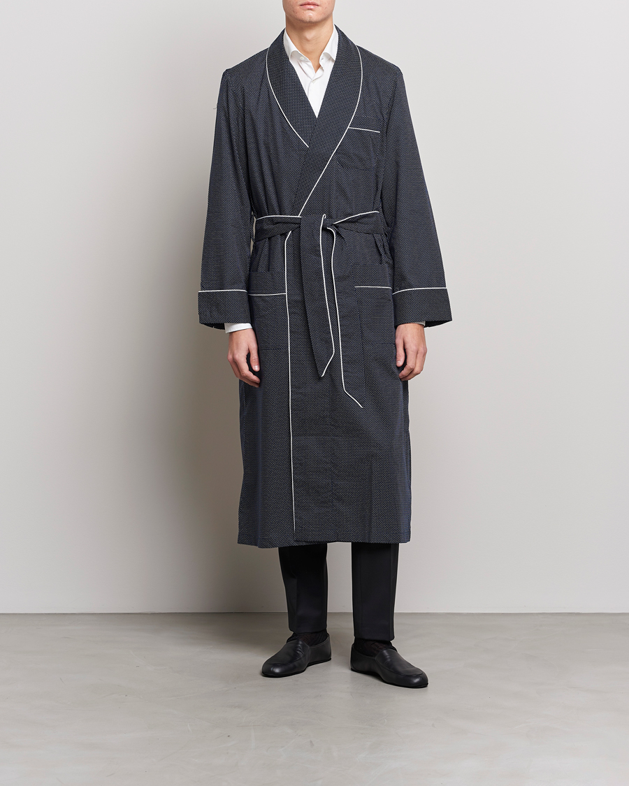Herre | Pyjamaser og badekåper | Derek Rose | Polka Dot Cotton Satin Dressing Gown Navy
