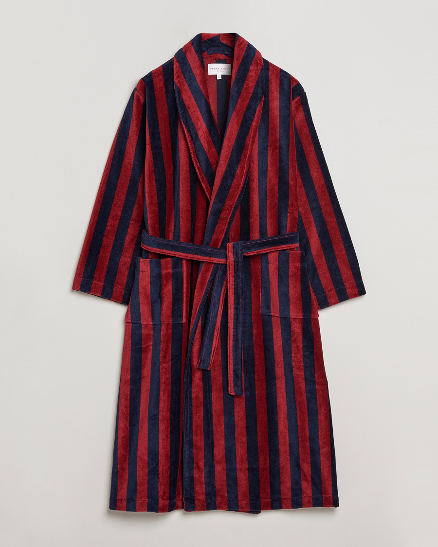 Herre | Pyjamaser og badekåper | Derek Rose | Cotton Velour Striped Gown Red/Blue