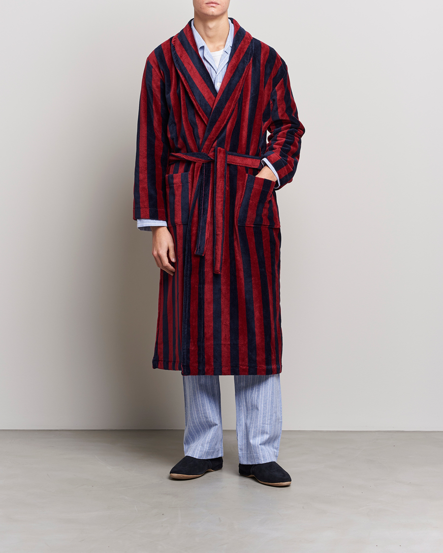Herre | Pyjamaser og badekåper | Derek Rose | Cotton Velour Striped Gown Red/Blue