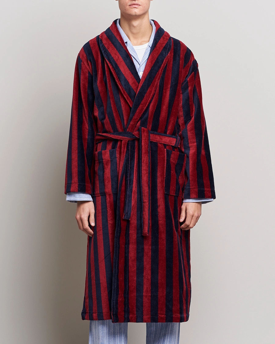 Herre |  | Derek Rose | Cotton Velour Striped Gown Red/Blue