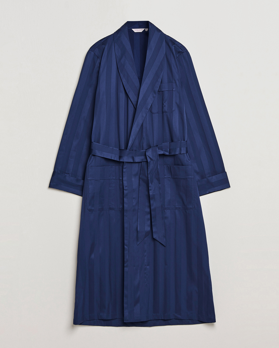 Herre | Derek Rose Striped Cotton Satin Dressing Gown Navy/Navy | Derek Rose | Striped Cotton Satin Dressing Gown Navy/Navy