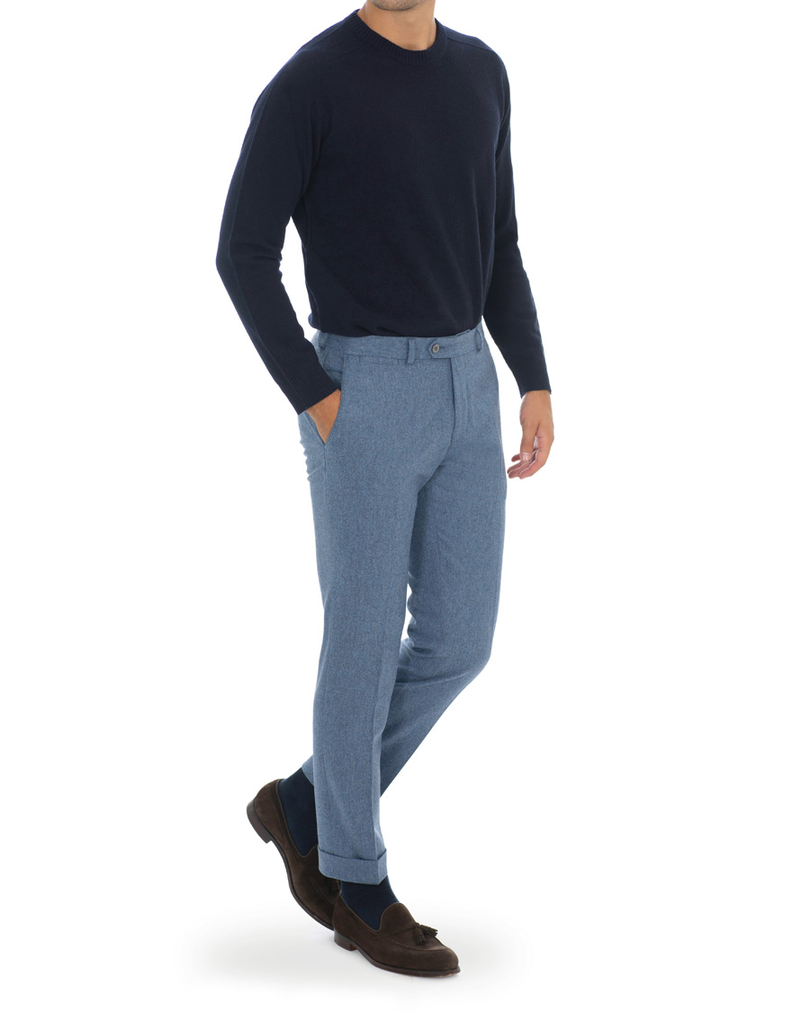 Herre | Bukser | Oscar Jacobson | Dean Turn Up Flannel Trousers Light Blue