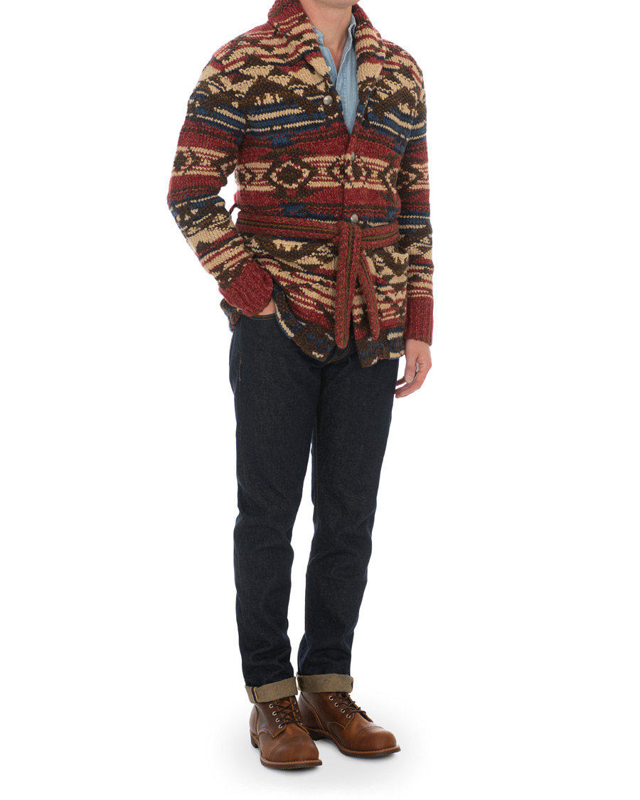 Herre | Gensere | RRL | Ranch Shawl Collar Hand Knit Cardigan Red/Navy/Cream