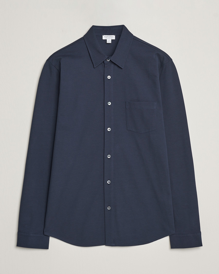 Herre | Skjorter | Sunspel | Long Sleeve Button Down Pique Shirt Navy