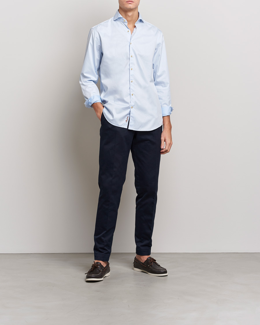 Herre | Skjorter | Stenströms | Fitted Body Washed Cotton Plain Shirt Light Blue