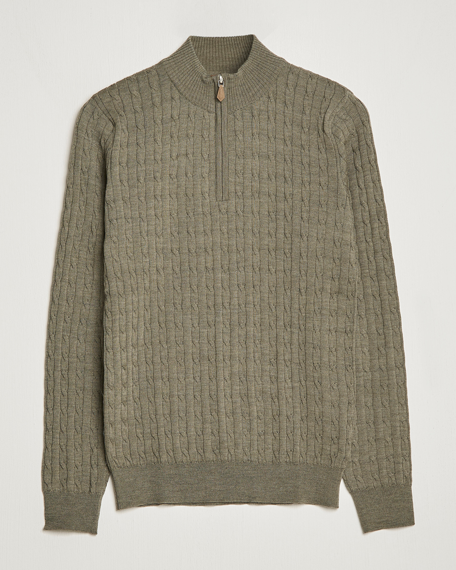 Herre | Gensere | Stenströms | Merino Wool Cable Half Zip Olive