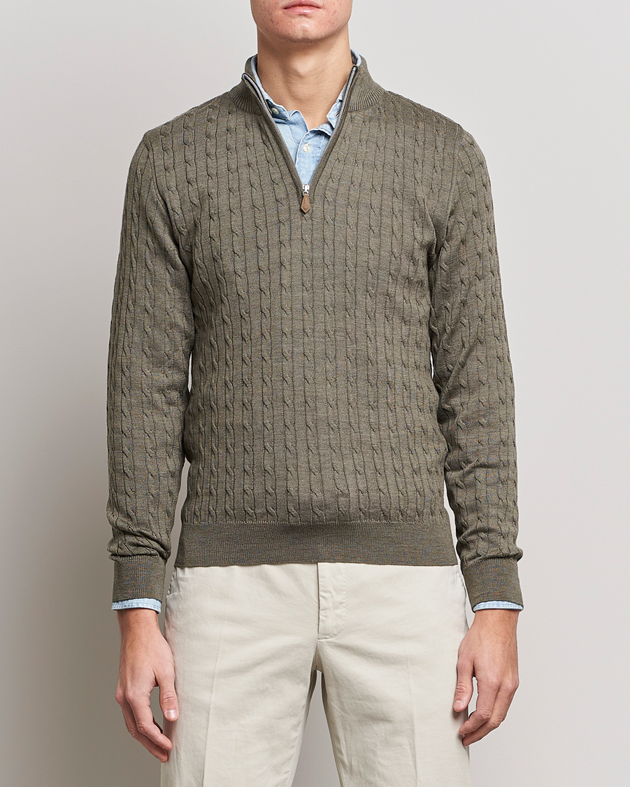 Herre | Gensere | Stenströms | Merino Wool Cable Half Zip Olive