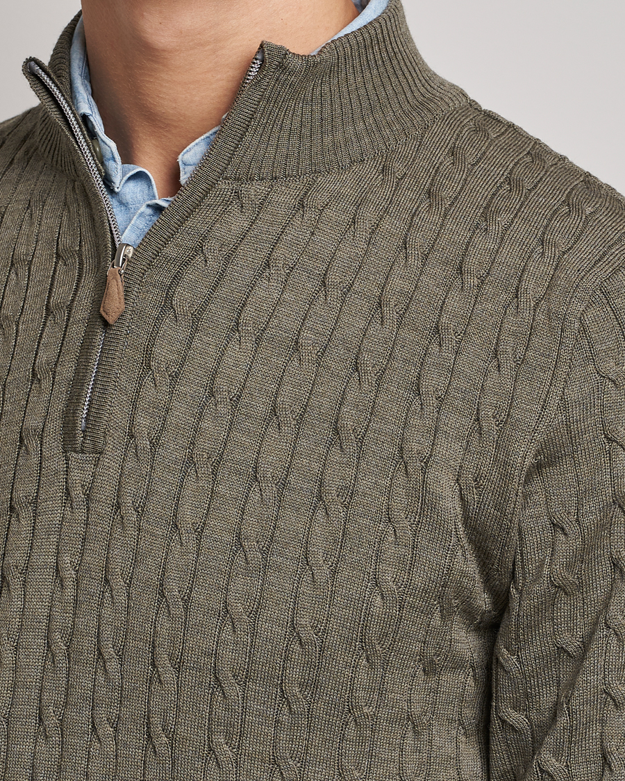 Herre | Gensere | Stenströms | Merino Wool Cable Half Zip Olive