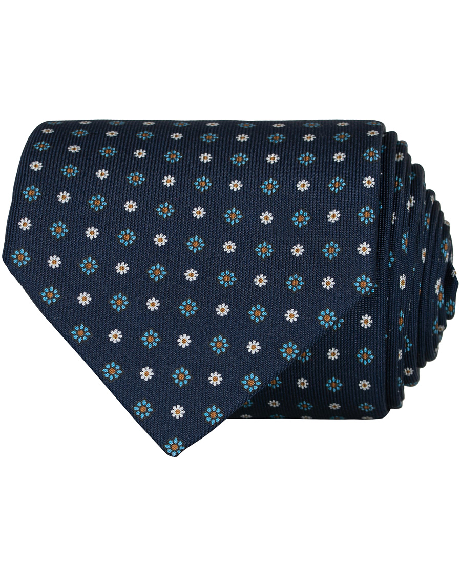 Herre | E. Marinella 3-Fold Printed Flower 8 cm Silk Tie Navy | E. Marinella | 3-Fold Printed Flower 8 cm Silk Tie Navy
