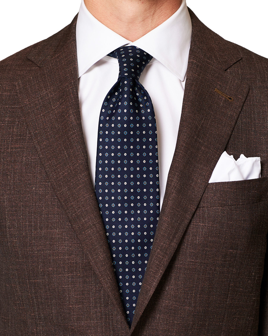Herre | E. Marinella 3-Fold Printed Flower 8 cm Silk Tie Navy | E. Marinella | 3-Fold Printed Flower 8 cm Silk Tie Navy