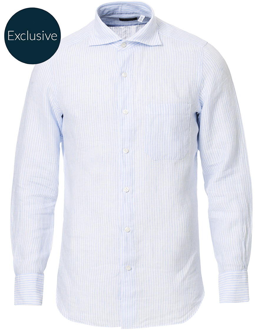 Herre | Skjorter | Finamore Napoli | Tokyo Striped Linen Pocket Shirt White/Light Blue
