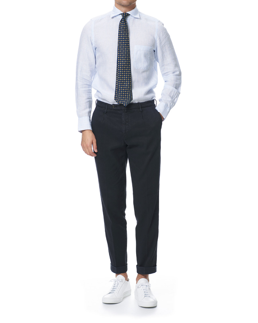 Herre | Skjorter | Finamore Napoli | Tokyo Striped Linen Pocket Shirt White/Light Blue