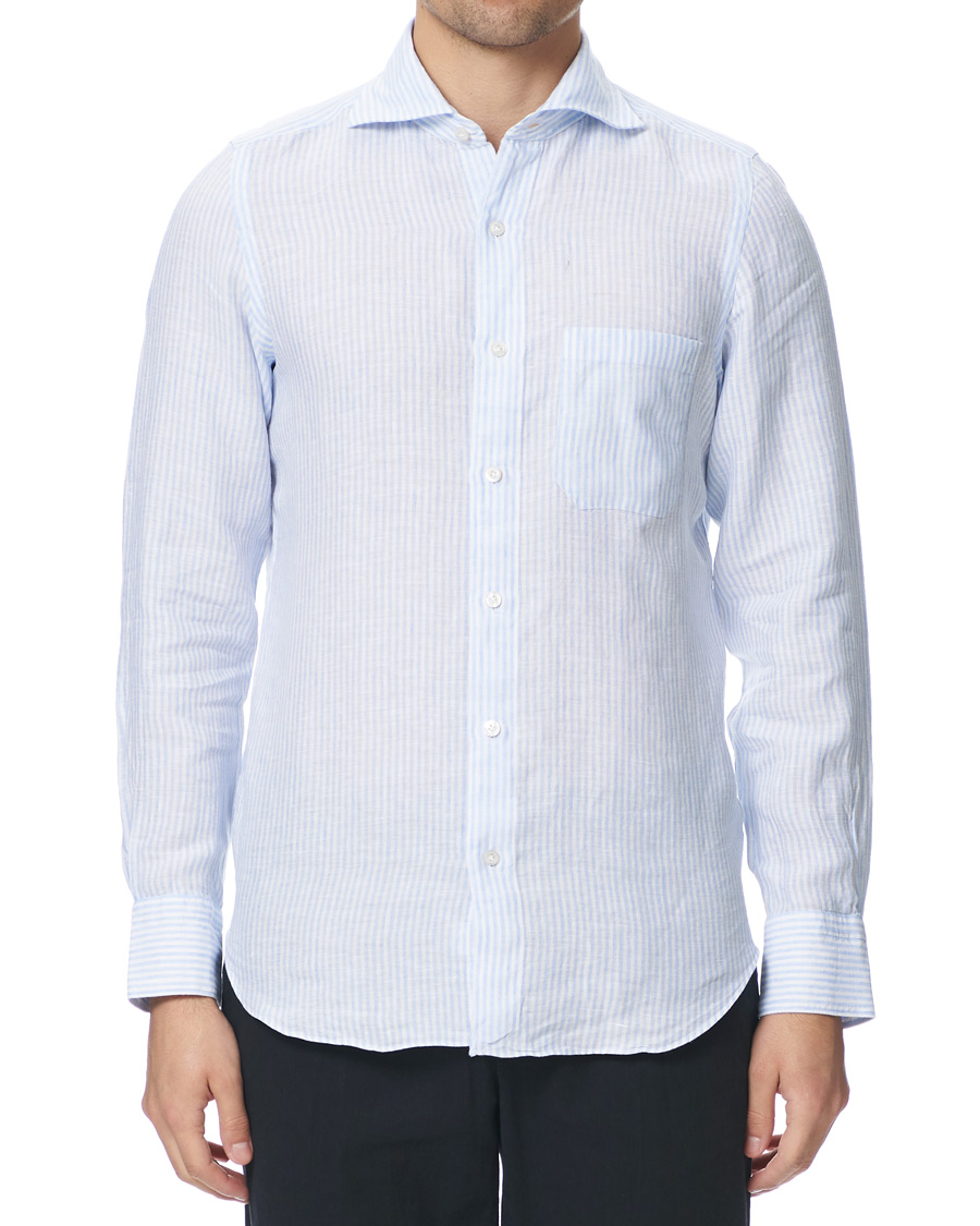 Herre | Skjorter | Finamore Napoli | Tokyo Striped Linen Pocket Shirt White/Light Blue