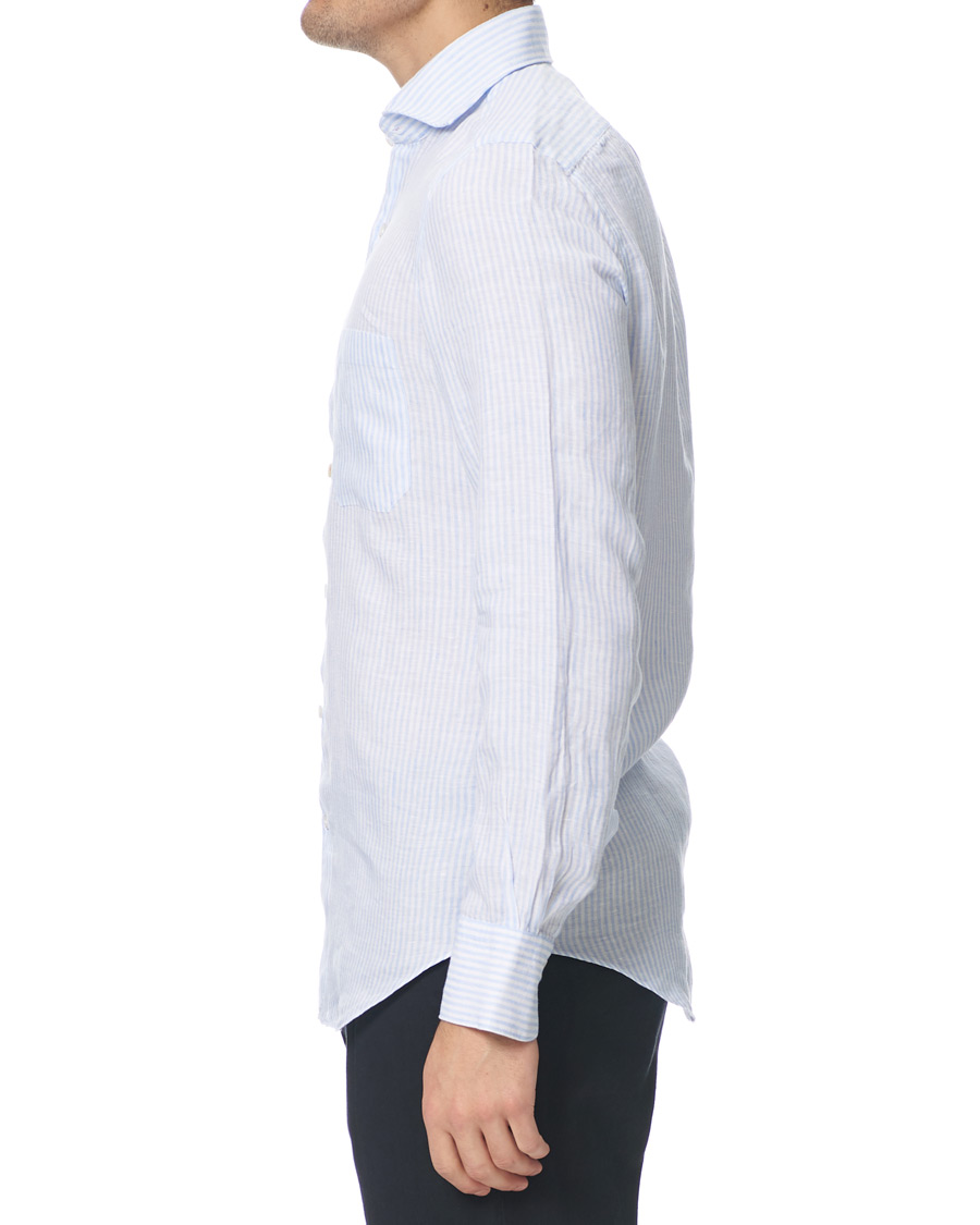Herre | Skjorter | Finamore Napoli | Tokyo Striped Linen Pocket Shirt White/Light Blue