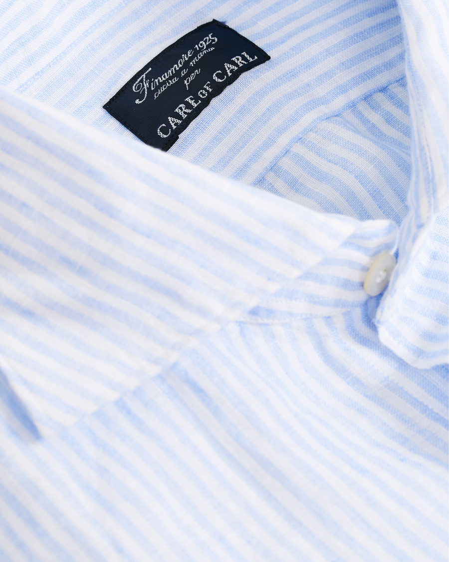 Herre | Skjorter | Finamore Napoli | Tokyo Striped Linen Pocket Shirt White/Light Blue