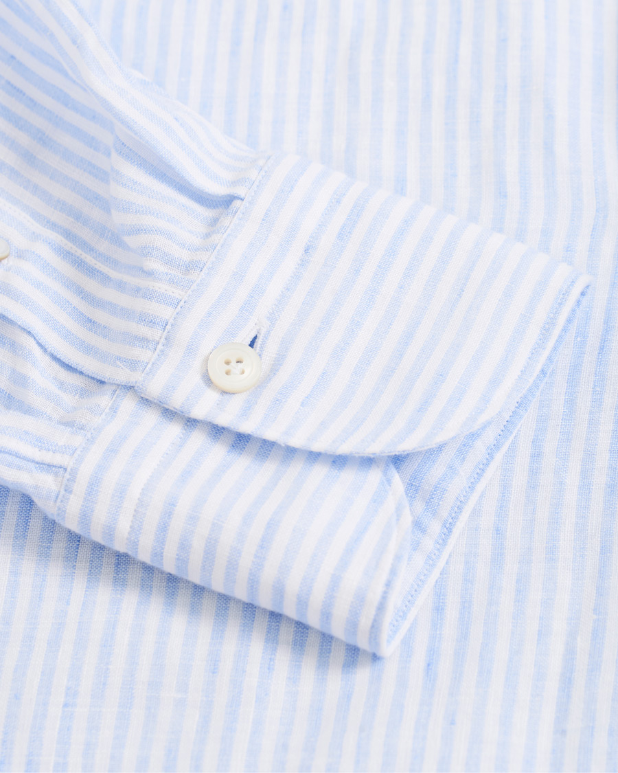 Herre | Skjorter | Finamore Napoli | Tokyo Striped Linen Pocket Shirt White/Light Blue