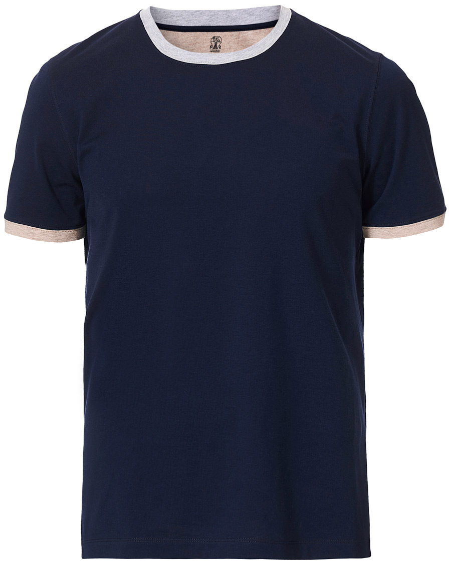 Herre | T-Shirts | Brunello Cucinelli | Contrast Collar Short Sleeve T-Shirt Navy/Grey