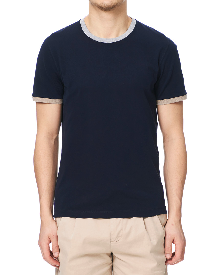 Herre | T-Shirts | Brunello Cucinelli | Contrast Collar Short Sleeve T-Shirt Navy/Grey