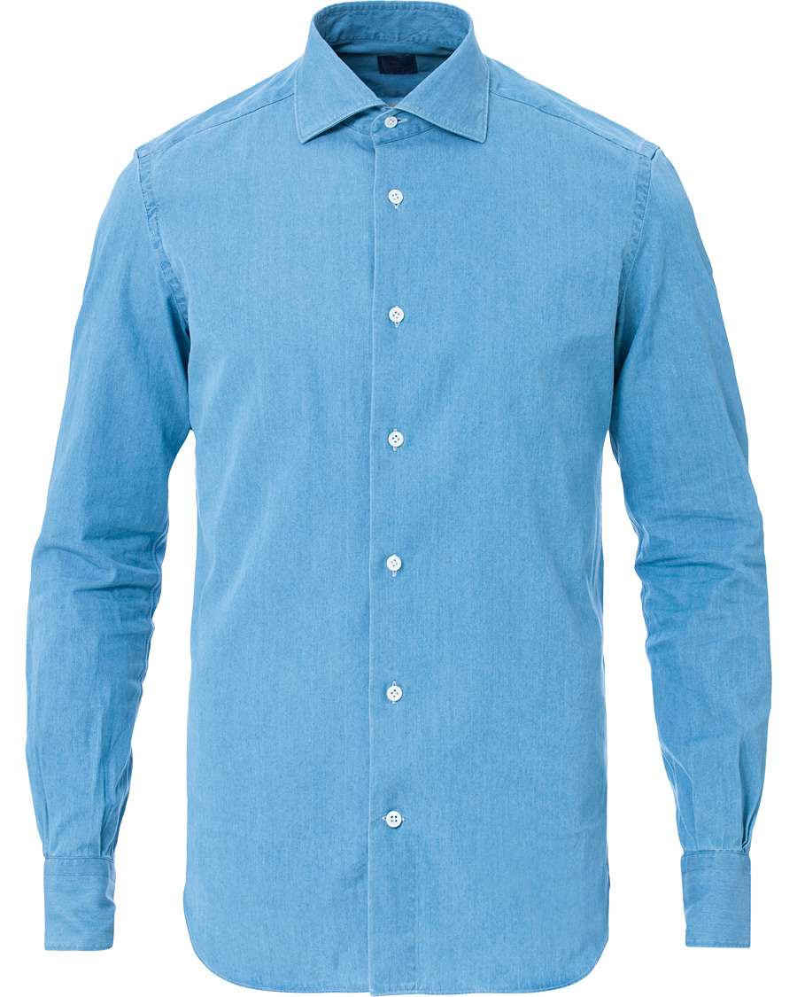 Herre | Skjorter | Mazzarelli | Washed Denim Cut Away Shirt Light Blue